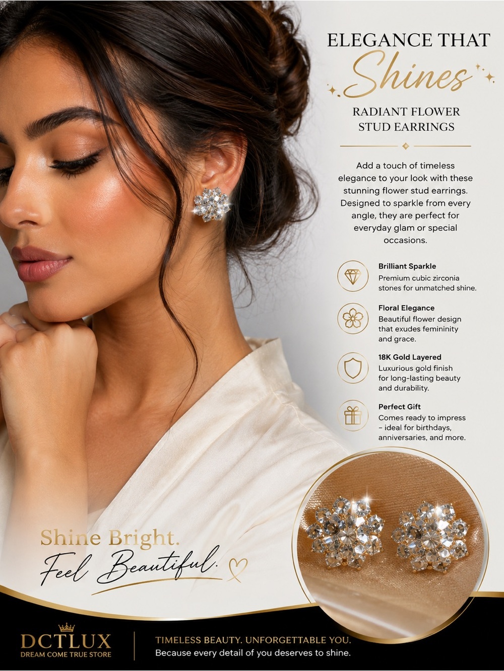 Gold Layered Crystal Flower Stud Earrings - White